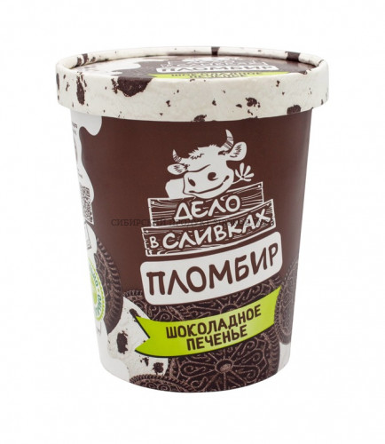 Мороженое "Дело в сливках" пломбир ванильный, 12% с кусочками шоколадного печенья в картонном ведерке. 410 гр