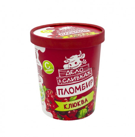 Мороженое "Дело в сливках" пломбир ванильный, 12% с кусочками ягод клюквы  в картонном ведерке. 410 гр