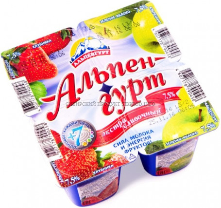 Йогурт Сливочный со вкусом зеленого яблока и клубники 7,5% "Альпенгурт" 0,100 г